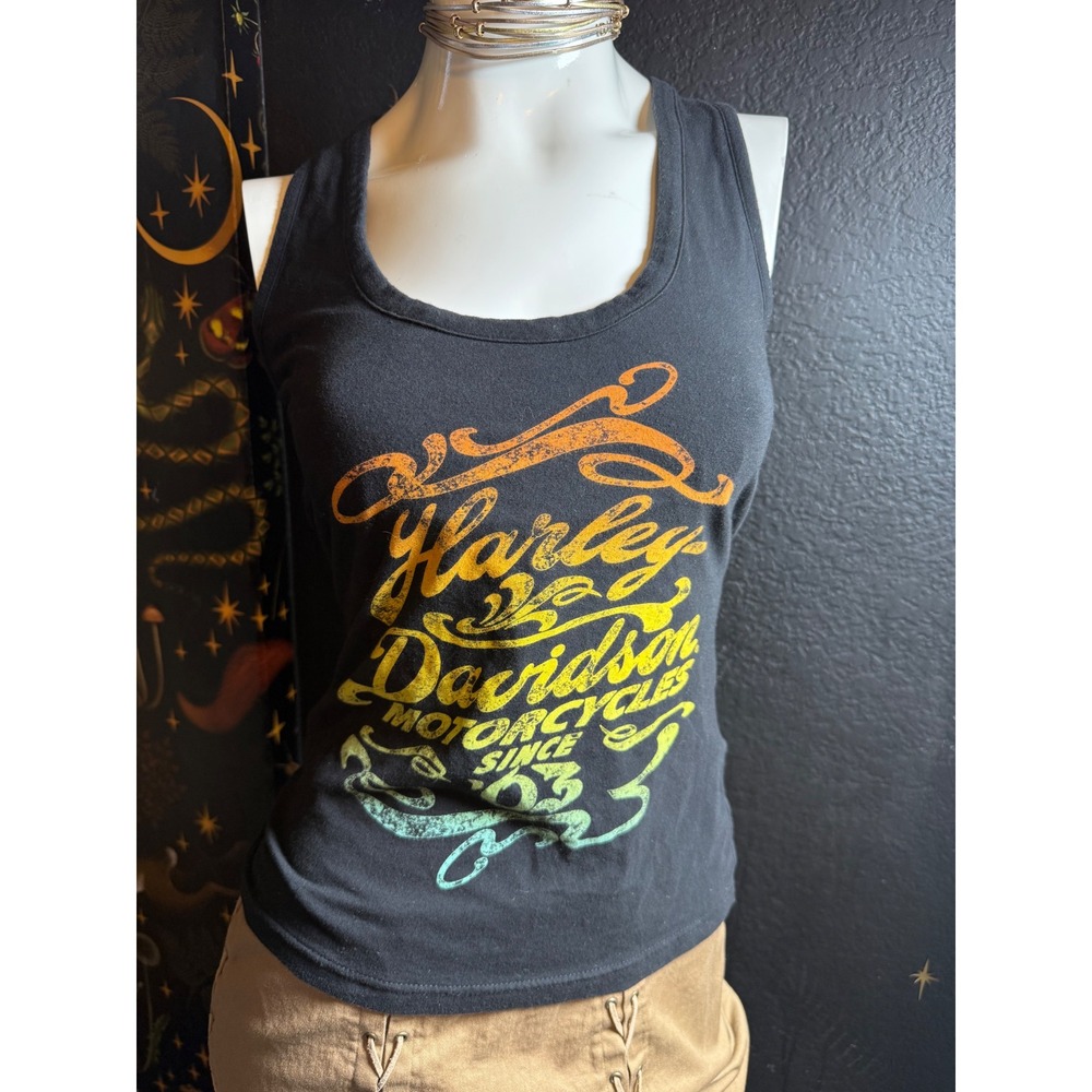 Harley-Davidson Womens Black Lace Up Back Graphic Tank Top Rainbow Logo Small